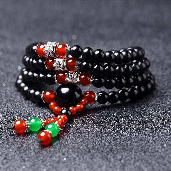 Pulsera Mala de ojo de tigre de obsidiana negra natural con 108 Buddha Stones