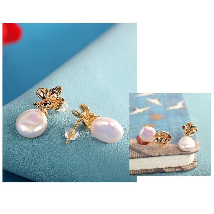 Pendientes colgantes curativos de flores de perlas barrocas naturales de plata de ley 925 con Buddha Stones