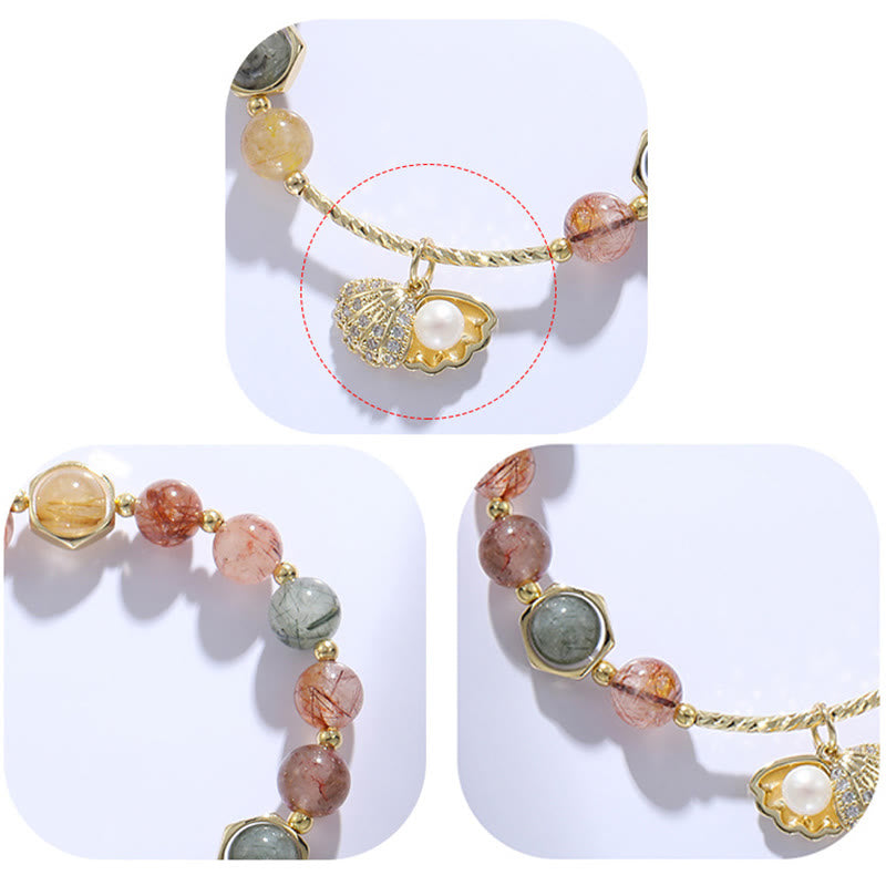 Pulsera de cuentas de protección de concha de cuarzo rutilado de colores naturales con Buddha Stones