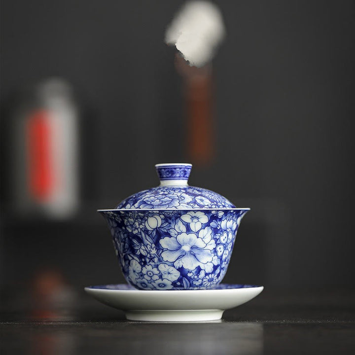 Taza de té y platillo de cerámica Gaiwan Sancai, porcelana azul y blanca Vintage, Buddha Stones , Kung Fu, con tapa
