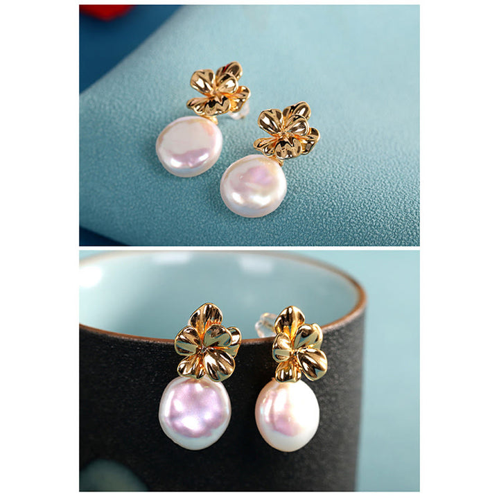 Pendientes colgantes curativos de flores de perlas barrocas naturales de plata de ley 925 con Buddha Stones