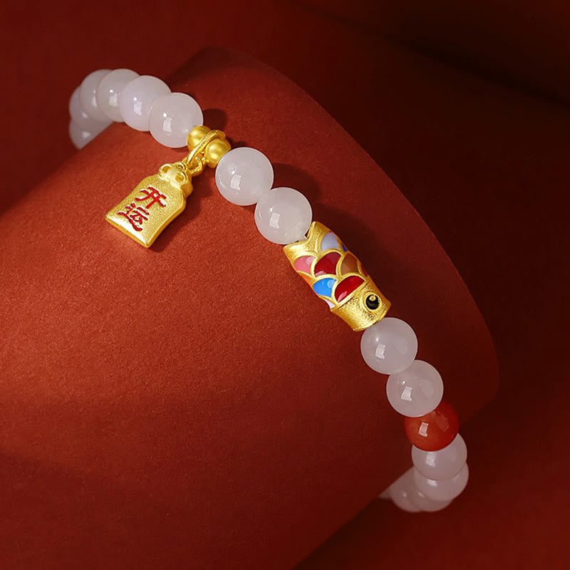 Pulsera de plata de ley 925 con Buddha Stones , jade blanco hetiano, ágata roja, pez Koi, suerte y felicidad - image 1