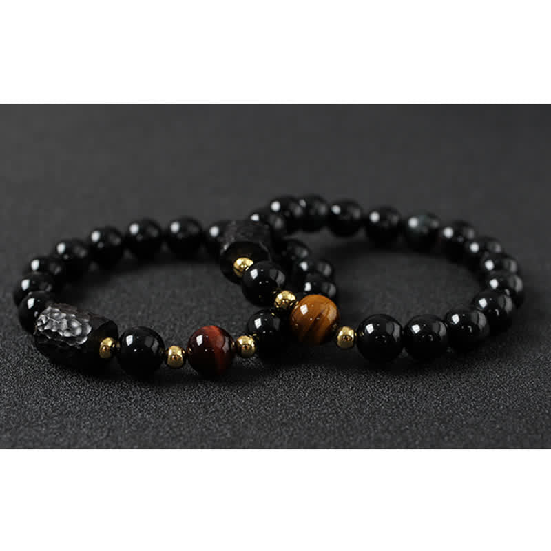 Pulsera de pareja de fuerza de ojo de tigre rojo de madera de ébano de obsidiana negra