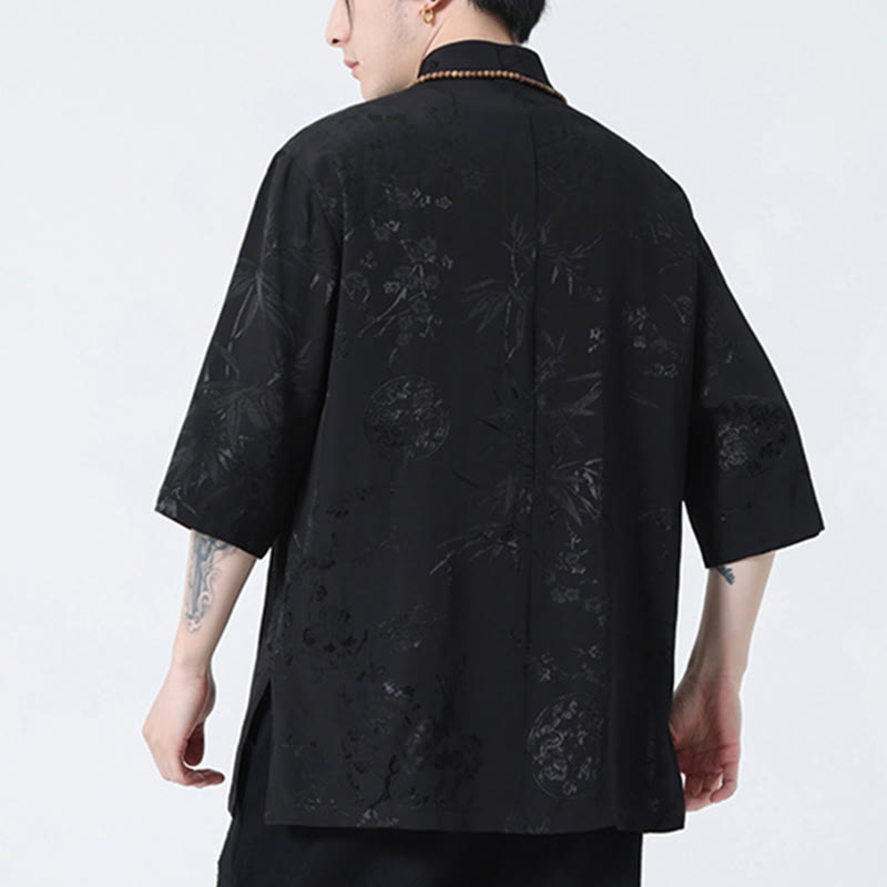 Camiseta de hombre con botones de rana, camisa china de media manga con Buddha Stones , flor de melocotón, hojas de bambú