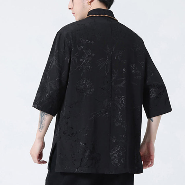 Camiseta de hombre con botones de rana, camisa china de media manga con Buddha Stones , flor de melocotón, hojas de bambú