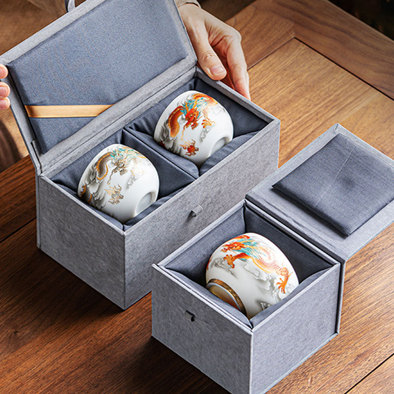 Taza de té de cerámica con caja de regalo, tazas de té de Kung Fu con Buddha Stones , dragón, Fénix, nubes propicias