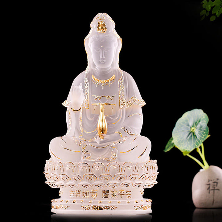 Buddha Stones Kwan Yin Avalokitesvara, estatuilla hecha a mano, pieza de arte de cristal Liuli, estatua de riqueza, decoración para el hogar - 23 cm blanco y dorado - image 0