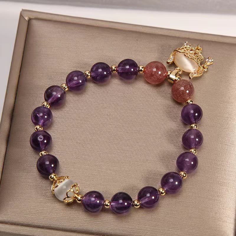 Pulsera curativa con dije de cerradura china, Buddha Stones, amatista Natural, cuarzo fresa, ojo de gato - image 2