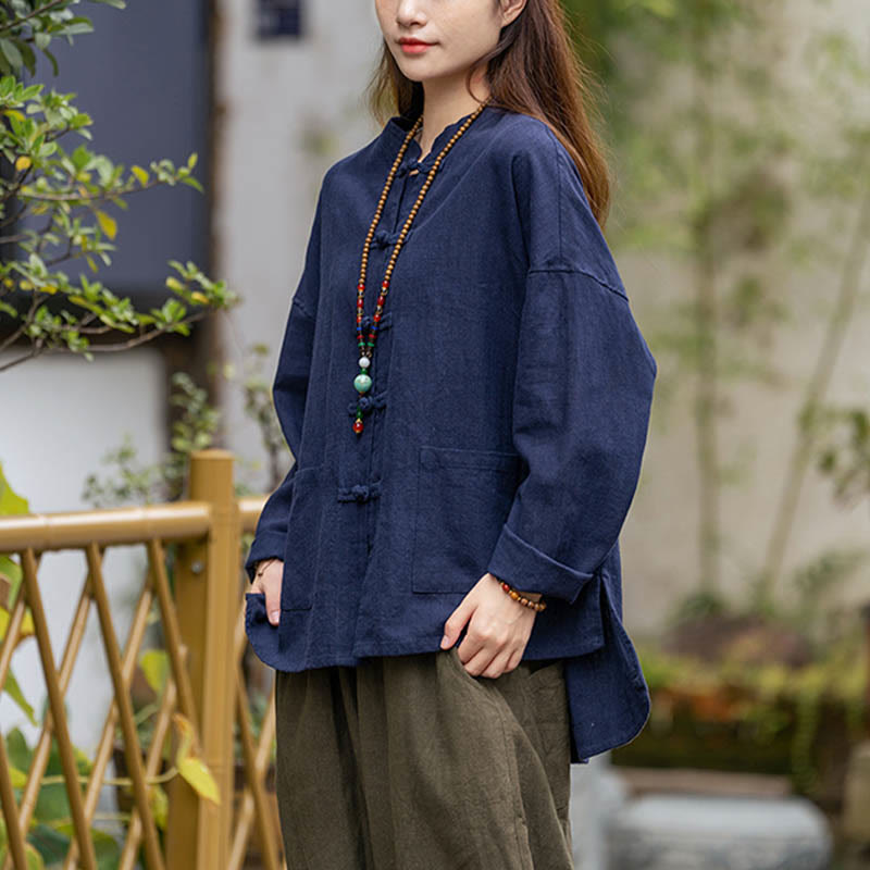 Camisa con diseño de botones de rana y Buddha Stones , ropa superior para meditación de Tai Chi, chaqueta de lino de ramio