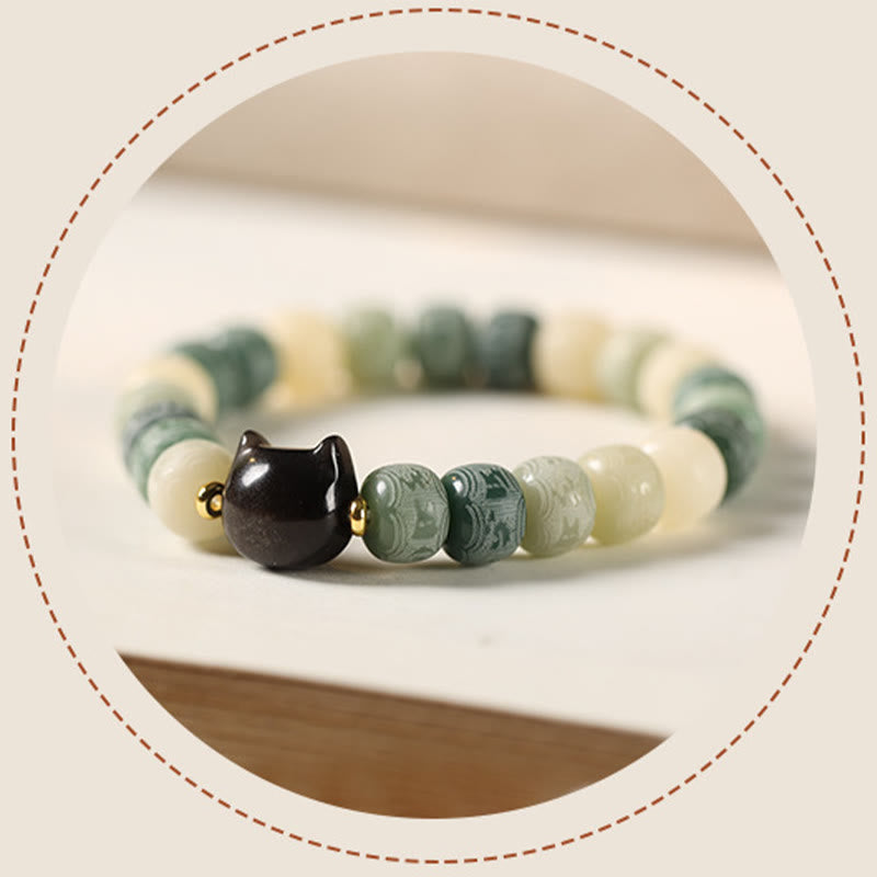 Pulsera de armonía grabada con Buddha Stones de Bodhi, brillo plateado, obsidiana, cabeza de gato, Om Mani Padme Hum - image 13