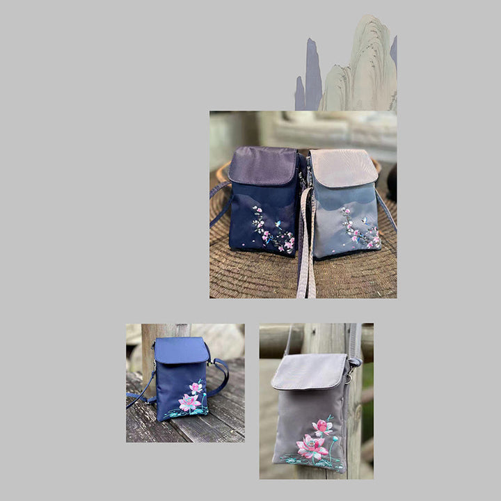 Buddha Stones, resistente al agua, hecho a mano, bordado, flores de loto, bolso de hombro, bolso para teléfono móvil