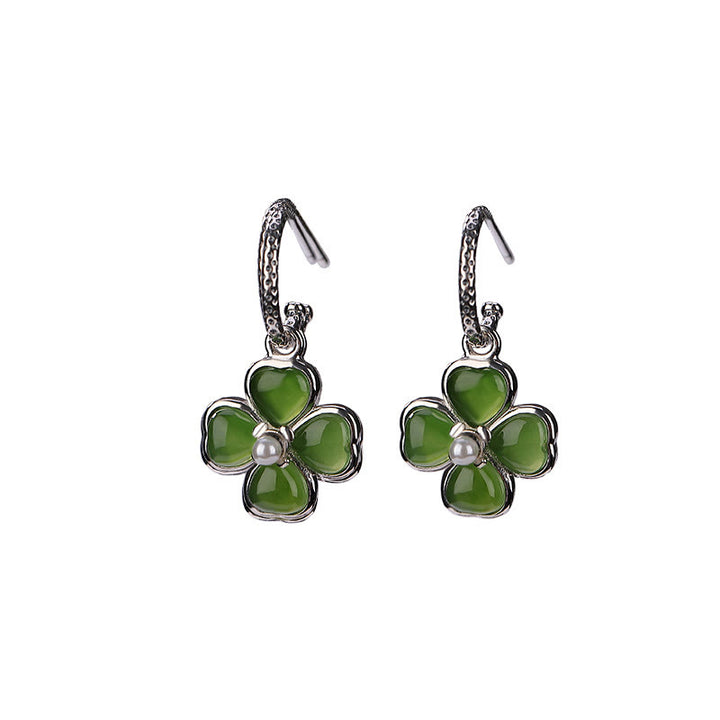 Pendientes de plata de ley 925 con Buddha Stones , jade cian natural, trébol de cuatro hojas, suerte y éxito