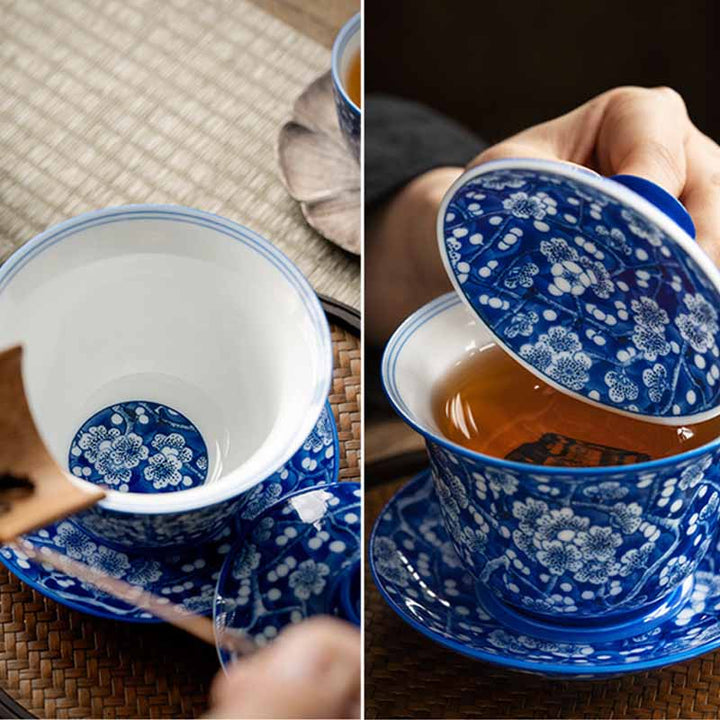 Taza de té de cerámica Gaiwan Sancai, taza de té de Kung Fu y platillo con tapa, Buddha Stones, flor de ciruelo, porcelana azul y blanca, 185ml