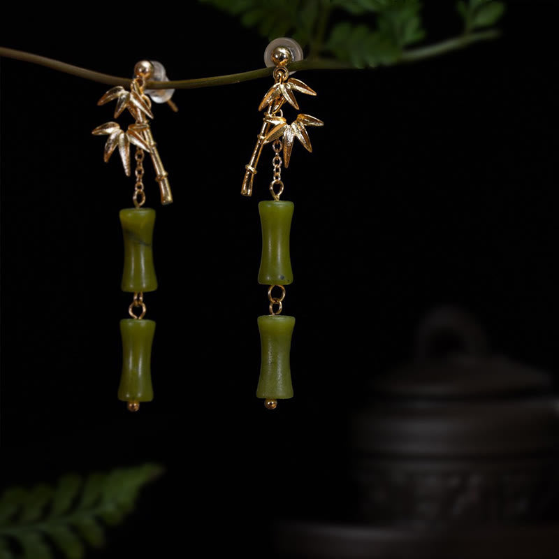 Pendientes colgantes de hoja de bambú, peridoto natural, oro chapado en cobre, postes de plata de ley 925 con Buddha Stones