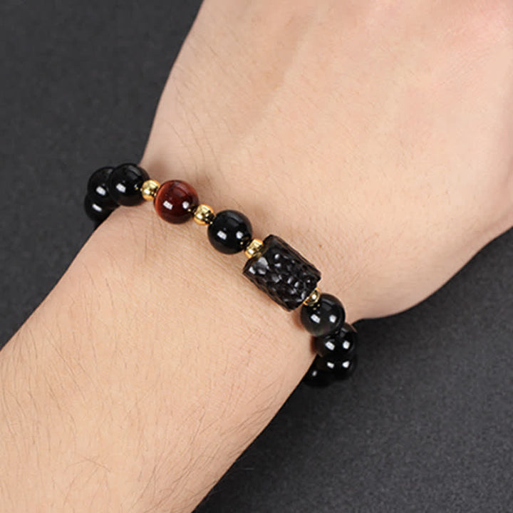 Pulsera de pareja de fuerza de ojo de tigre rojo de madera de ébano de obsidiana negra