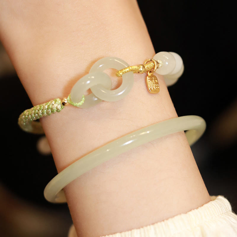 Pulsera trenzada con doble hebilla de paz y cuentas de jade hetiano natural, Buddha Stones, carácter Fu, abundancia