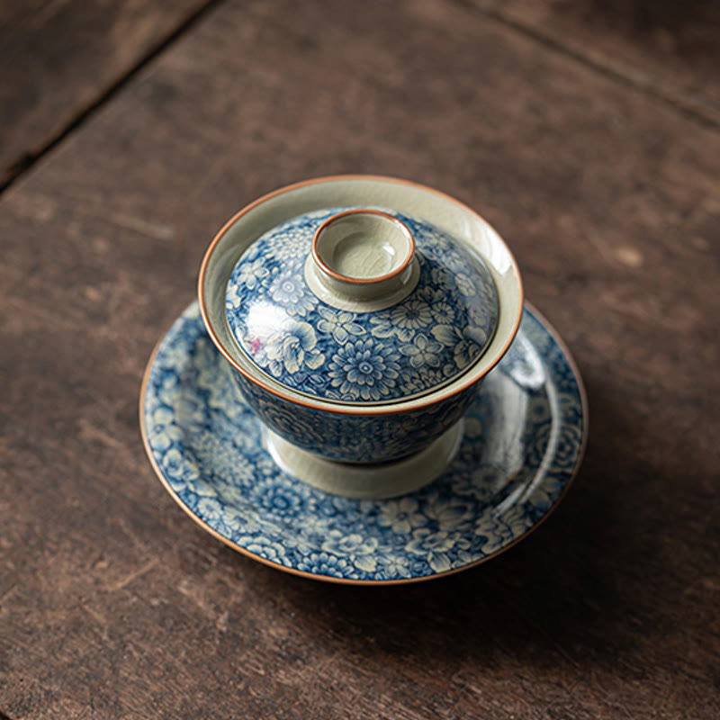 Buddha Stones azul y blanca vintage Flor de durazno Loto Peonía Cerámica Gaiwan Sancai Taza de té Kung Fu Taza de té y platillo con tapa