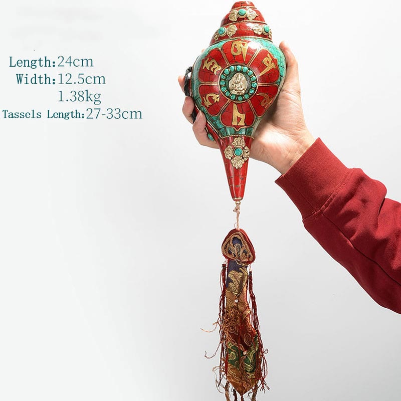 Tibetano hecho a mano Shankha Om Mani Padme Hum Buda Avalokitesvara turquesa Concha decoración positiva - Om Mani Padme Hum 24*12,5 cm - image 18