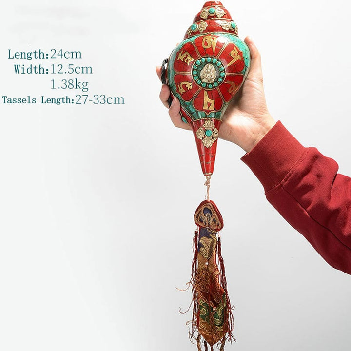 Tibetano hecho a mano Shankha Om Mani Padme Hum Buda Avalokitesvara turquesa Concha decoración positiva - Om Mani Padme Hum 24*12,5 cm - image 18