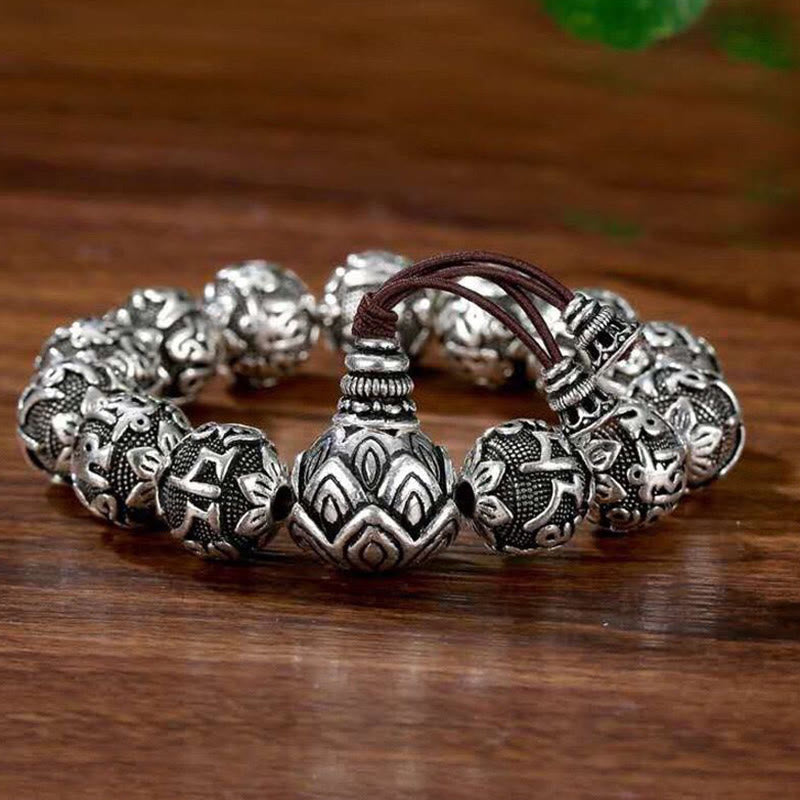 Pulsera de amuleto de cuentas de aleación tallada Om Mani Padme Hum tibetano con Buddha Stones