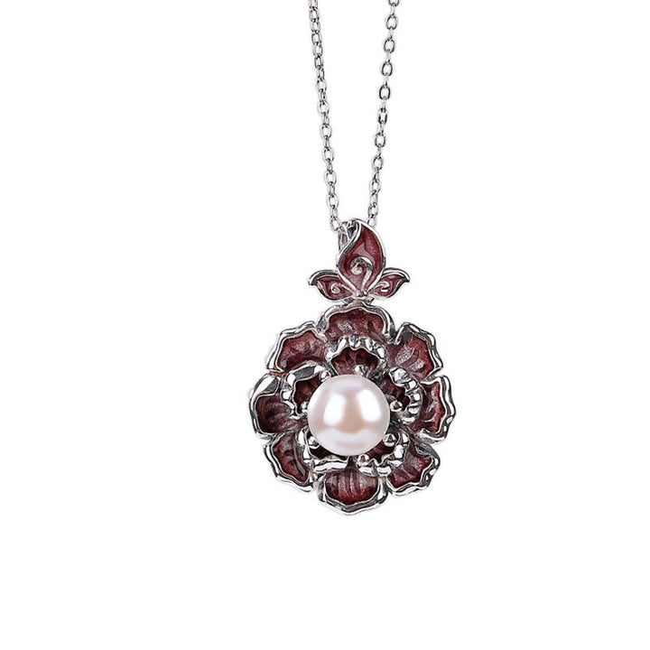 Colgante de collar curativo con perlas de flor de peonía de plata de ley 999 con Buddha Stones