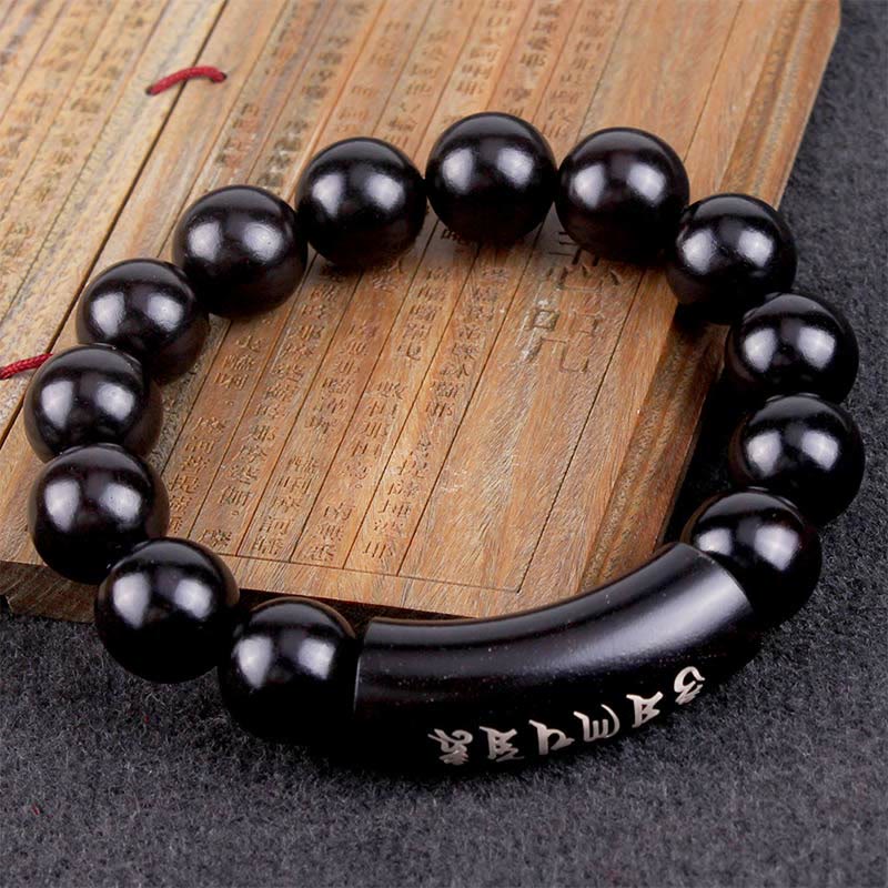 Pulsera de equilibrio con incrustaciones de Om Mani Padme Hum de madera de ébano de plata de ley 999 con Buddha Stones