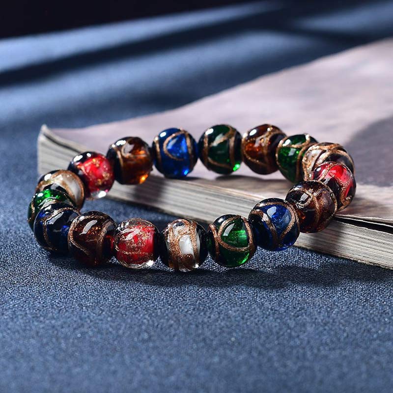 Pulsera de la suerte con cuentas de cristal de Liuli de colores y Buddha Stones - 14 mm (circunferencia de la muñeca: 7,1–7,5 pulgadas / 18–19 cm) - image 0