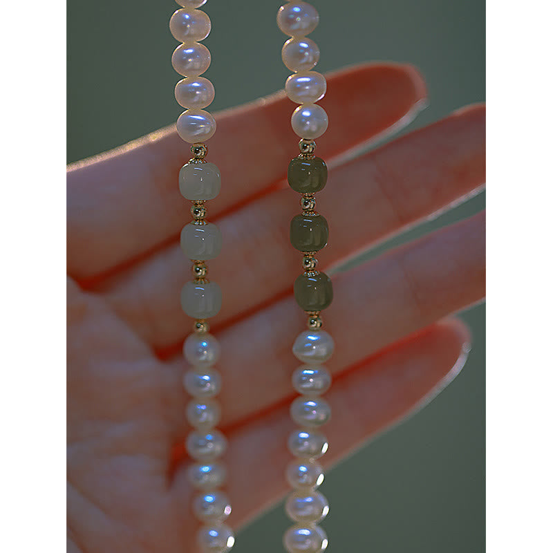 Pulsera de cadena de cuentas de sinceridad de jade blanco de jade cian hetiano con perlas naturales chapadas en oro de 14 quilates