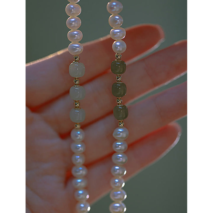 Pulsera de cadena de cuentas de sinceridad de jade blanco de jade cian hetiano con perlas naturales chapadas en oro de 14 quilates