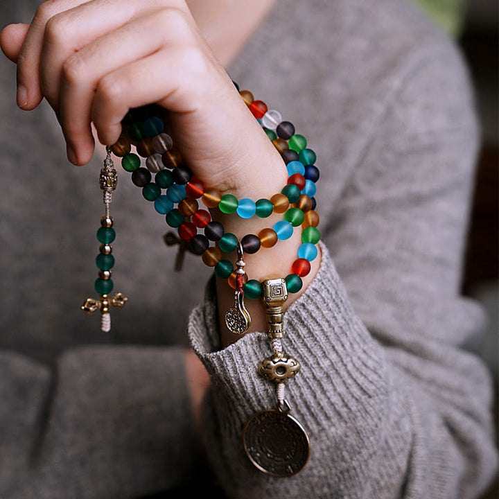 Buddha Stones tibetanas 108 cuentas de Mala multicolor Liuli cuentas de vidrio zodíaco chino nueve palacios ocho diagramas pulsera con dijes