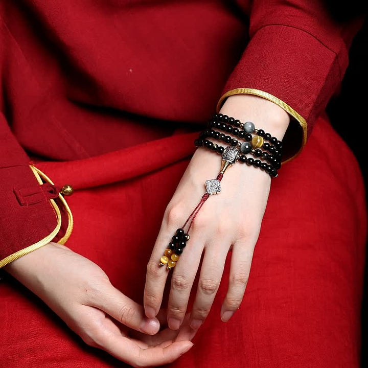 Pulsera de riqueza de piedra de ojo de águila de ojo de tigre de obsidiana con brillo dorado de 108 cuentas Mala