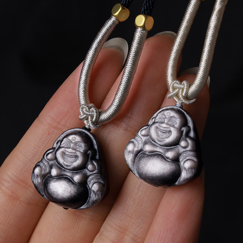 Colgante de collar de protección de Buda sonriente de obsidiana brillante de plata natural con Buddha Stones - image 9