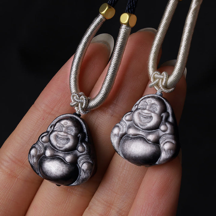 Colgante de collar de protección de Buda sonriente de obsidiana brillante de plata natural con Buddha Stones - image 9