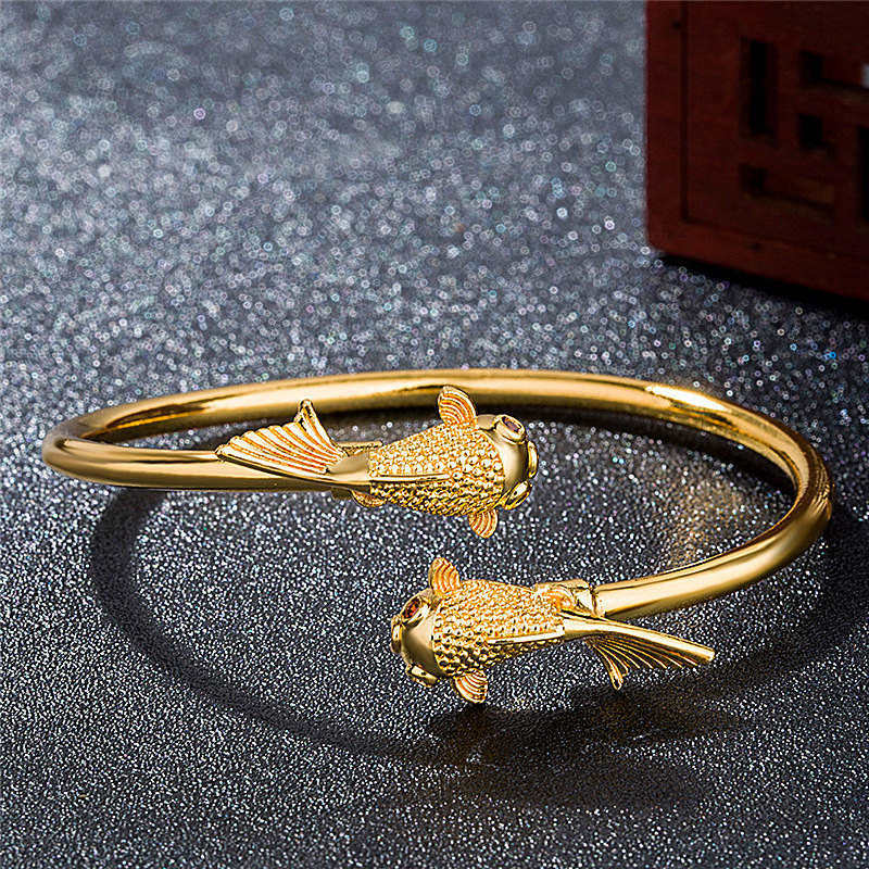 Pulsera de riqueza y prosperidad de cobre con pez Koi doble de Buddha Stones
