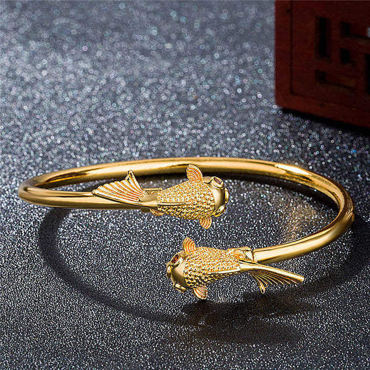 Pulsera de riqueza y prosperidad de cobre con pez Koi doble de Buddha Stones