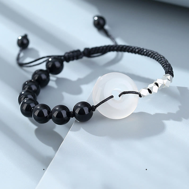 Pulsera de fuerza con hebilla de paz de ágata de obsidiana negra de plata de ley 925 con Buddha Stones