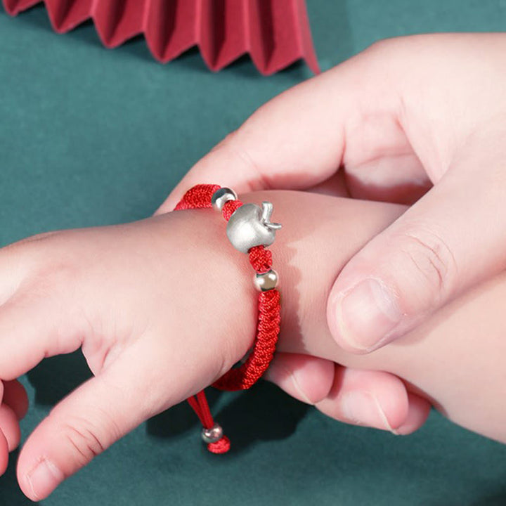 Pulsera para niños hecha a mano con Buddha Stones de plata de ley 999, color rojo manzana, cuerda multicolor, protección de la suerte