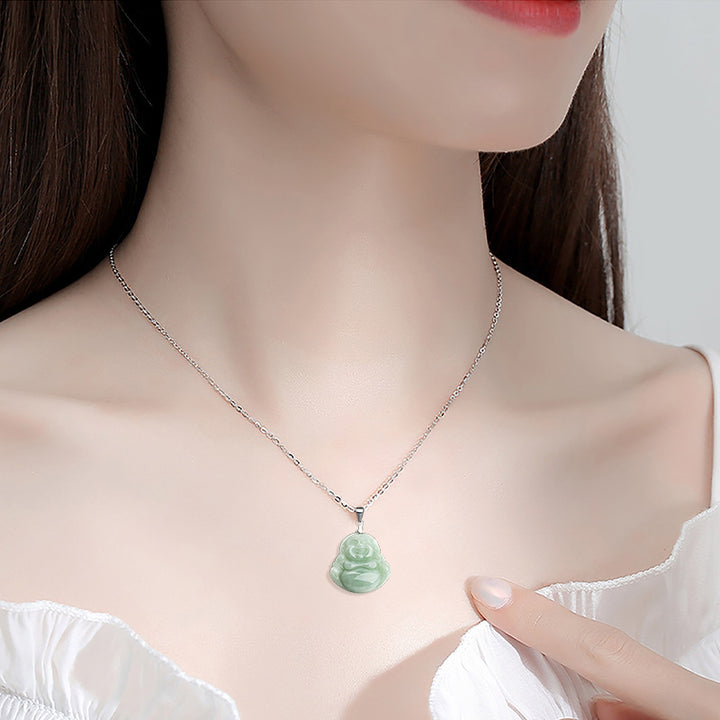 Collar con colgante de cadena de acero y titanio con Buddha Stones sonriente y bendición de jade - image 2