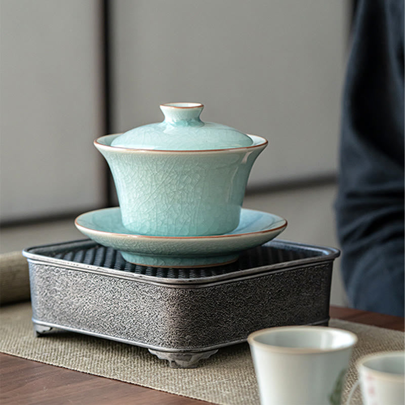 Taza de té y platillo de cerámica con esmalte de hielo, Retro verde, Buddha Stones , Gaiwan Sancai, Kung Fu