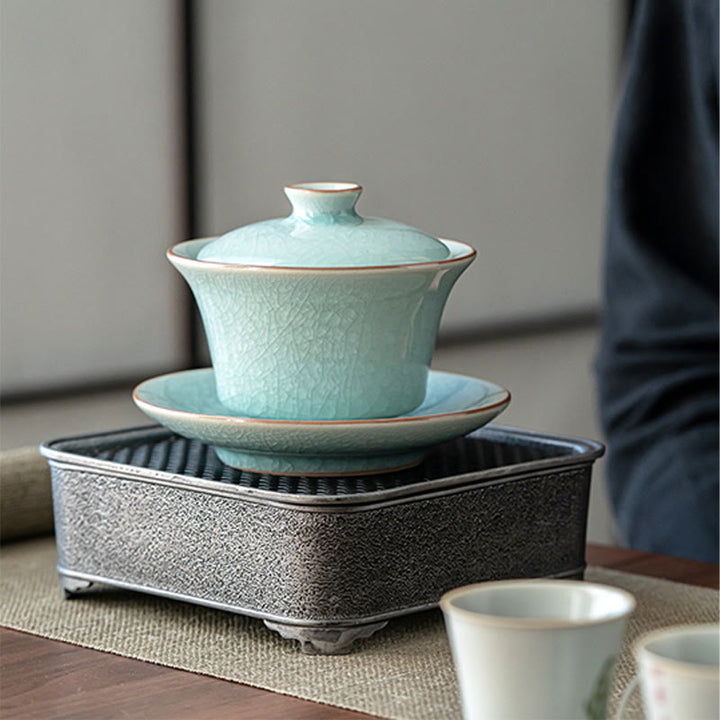 Taza de té y platillo de cerámica con esmalte de hielo, Retro verde, Buddha Stones , Gaiwan Sancai, Kung Fu