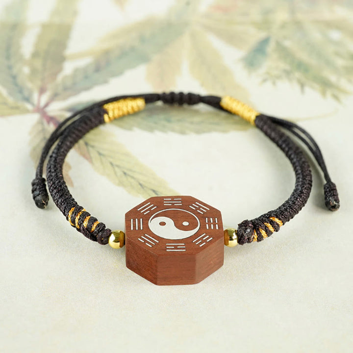 Buddha Stones hoja pequeña sándalo rojo madera de azufaifo madera de ébano plata con incrustaciones Yin Yang Bagua pulsera de protección de cazo grande