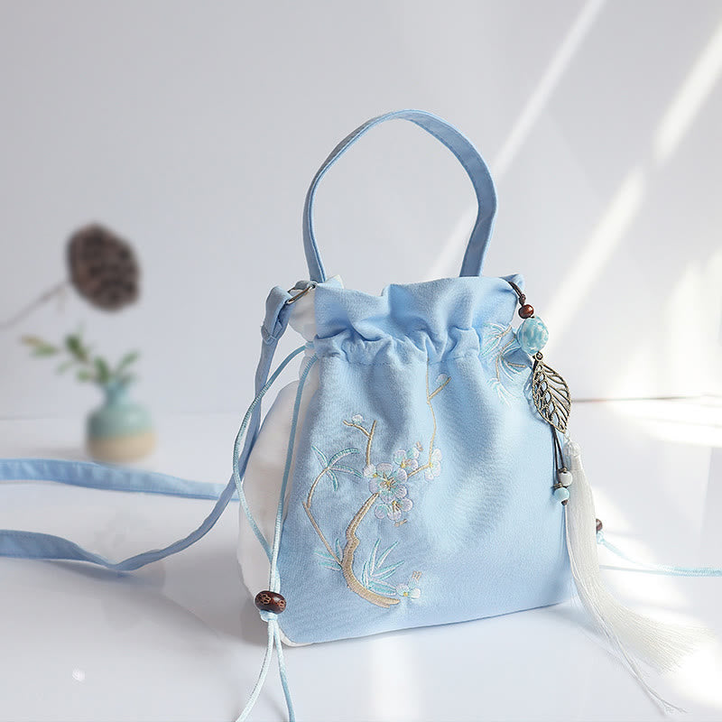 Bolso de hombro de lona con flores bordadas hechas a mano con Buddha Stones