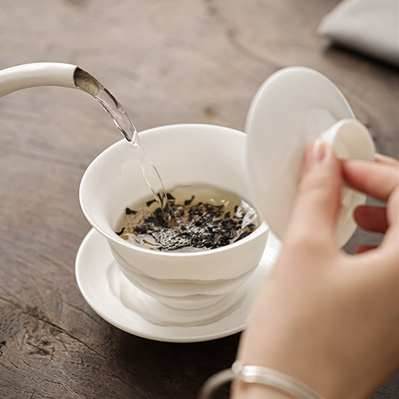 Buddha Stones Pintura De Tinta Vintage Montaña Porcelana Blanca Cerámica Gaiwan Sancai Taza De Té Kung Fu Taza De Té Y Platillo Con Tapa Utensilio De Té Tetera