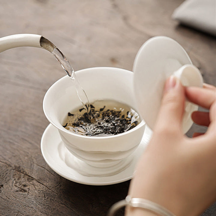Buddha Stones Pintura De Tinta Vintage Montaña Porcelana Blanca Cerámica Gaiwan Sancai Taza De Té Kung Fu Taza De Té Y Platillo Con Tapa Utensilio De Té Tetera
