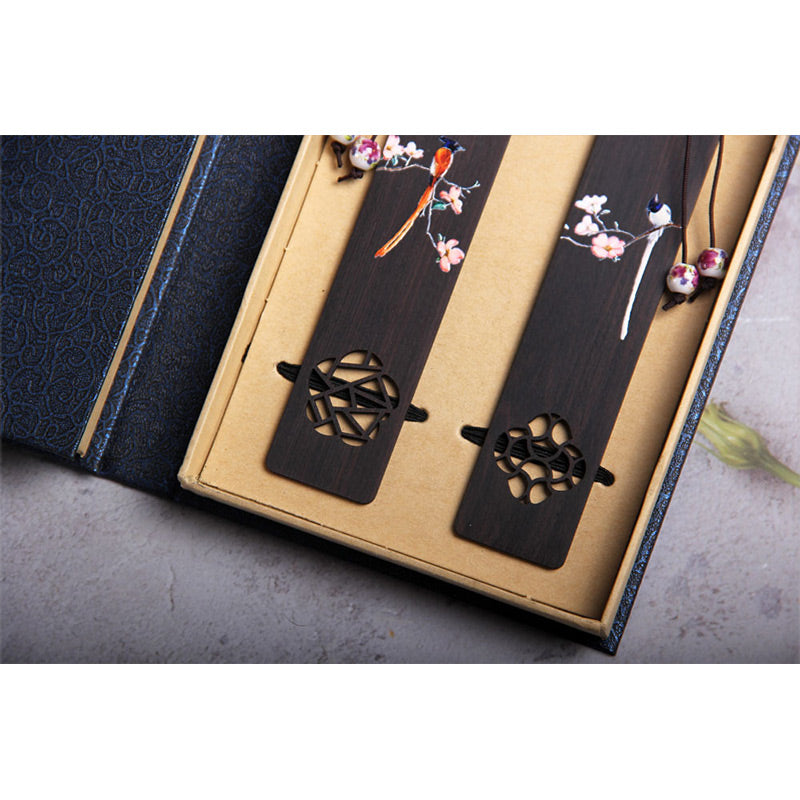 Marcapáginas de madera de ébano con diseño de flor de pájaro Oriole de Buddha Stones con caja de regalo