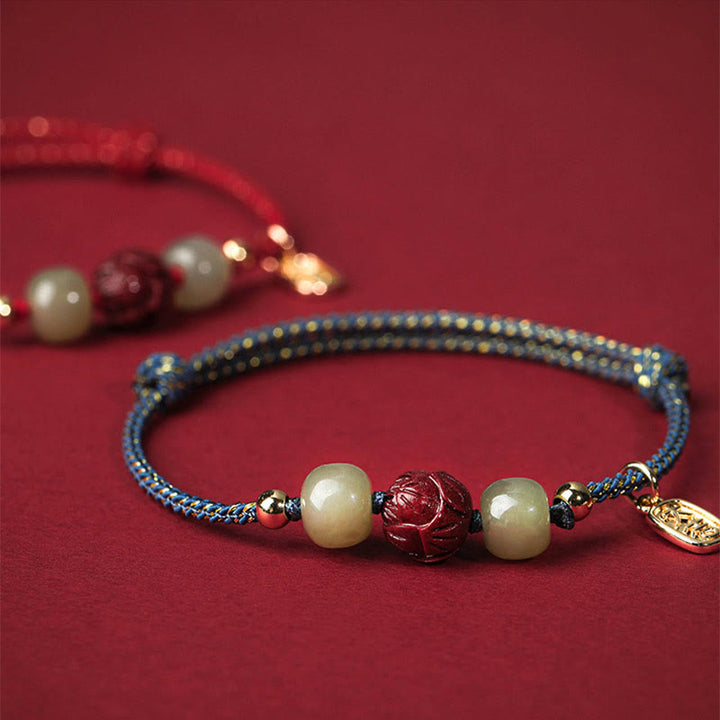 Pulsera de cuerda hecha a mano con Buddha Stones chapadas en oro de 14 quilates, jade hetiano, cinabrio, suerte de loto - image 8