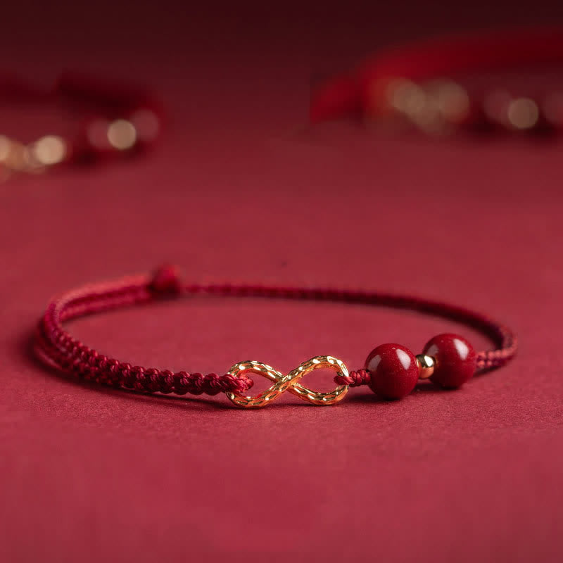 Pulsera tobillera con símbolo del infinito dorado y hilo rojo con bendición de cinabrio y Buddha Stones - Rojo oscuro - Tobillera (circunferencia de la tobillera 16-26 cm) - image 0