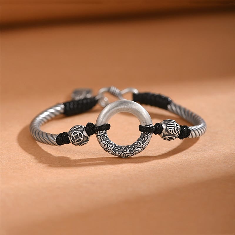 Pulsera de plata de ley 999 con Buddha Stones , hebilla de la paz, moneda de cobre, nubes auspiciosas, pulsera de la fortuna - Plata de ley 999 (tamaño de la pulsera: 18 + 1 cm) - image 0