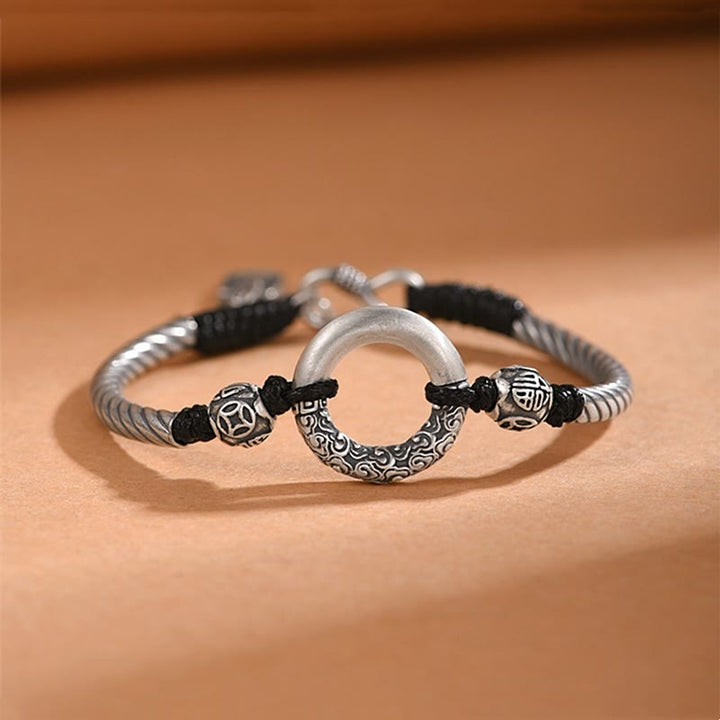 Pulsera de plata de ley 999 con Buddha Stones , hebilla de la paz, moneda de cobre, nubes auspiciosas, pulsera de la fortuna - Plata de ley 999 (tamaño de la pulsera: 18 + 1 cm) - image 0