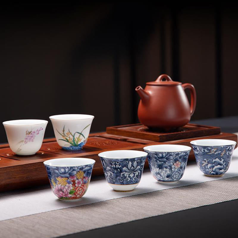 Taza de té de cerámica de porcelana azul y blanca, Buddha Stones, flores coloridas, orquídeas, olas del mar, taza de té de Kung Fu